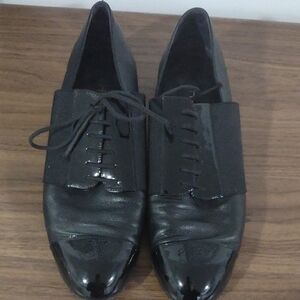 CHANEL Black Leather & Patent Cap-Toe Loafers